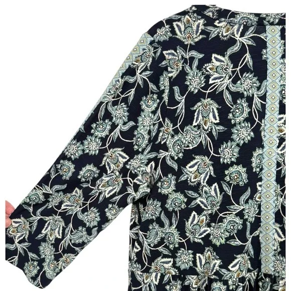 NWT J.Jill Navy Blue Floral Paisley Split Neck 3/4 Sleeve Knit Dress Size Medium - Picture 11 of 13